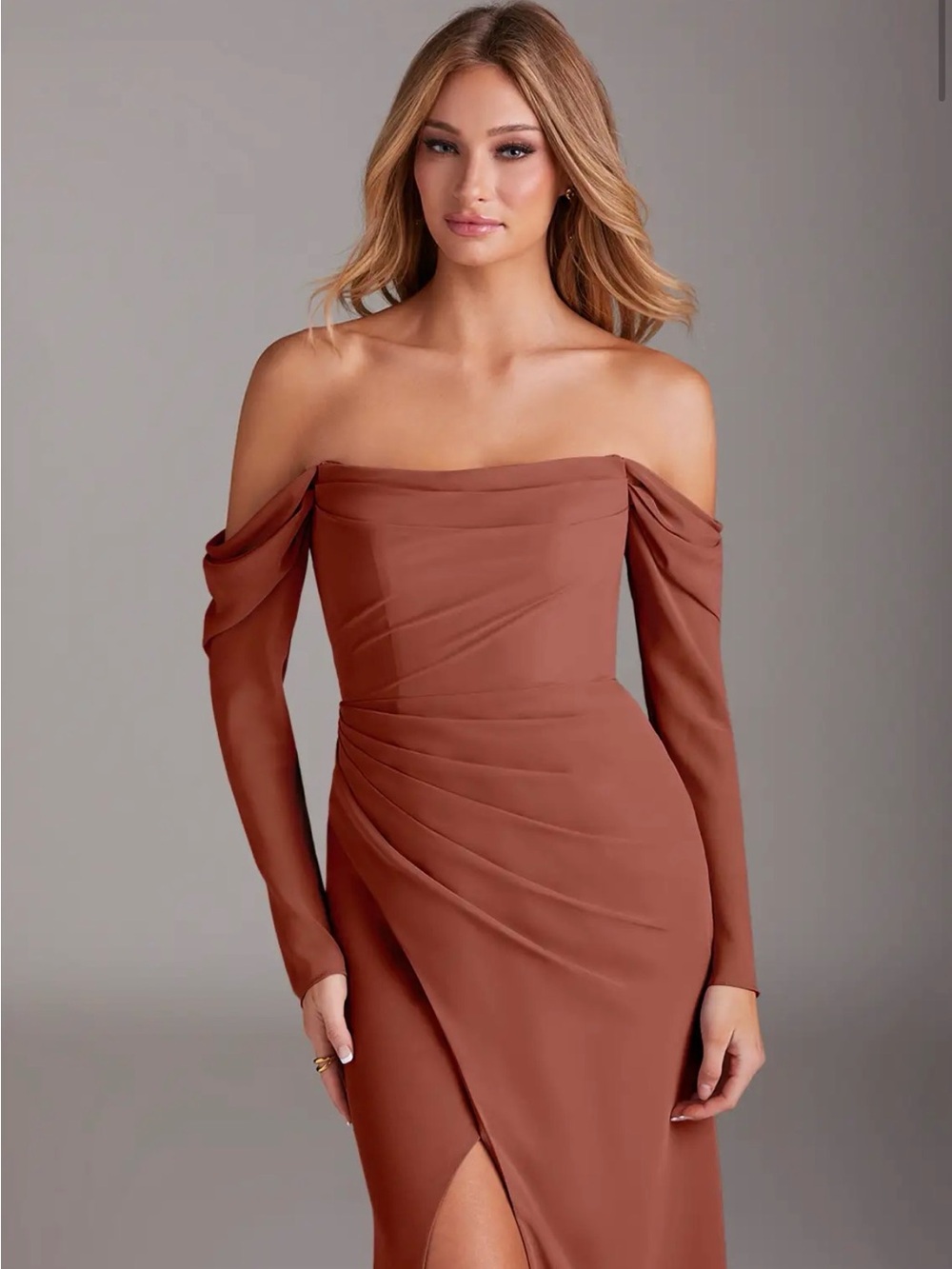 NWT Azazie Hallie Auburn Mermaid Long Sleeve Chiffon Dress, Size A10 - Picture 4 of 11